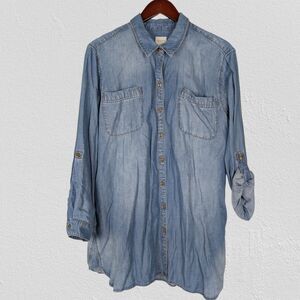 Chico's Tencel Chambray Denim Button Tunic Top Shirt